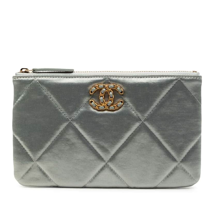 Chanel Small Satin 19 O Case VIP Zip Pouch Silver Satin Good condition - Front View