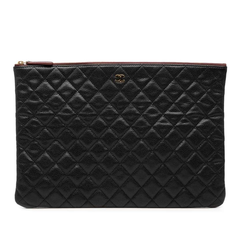 Chanel Large Quilted Caviar O Case Clutch Black Leather Very good condition - Front View