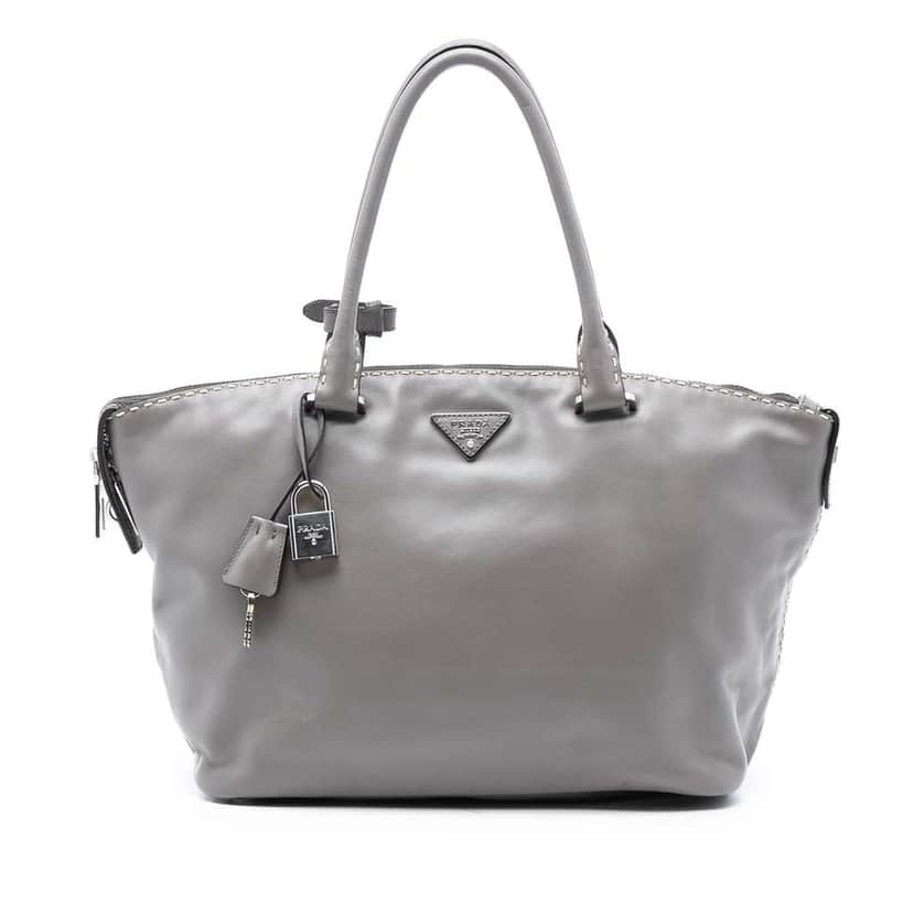 Prada Smooth Calfskin Hand Stitched Double Handle Satchel Grey Leather Good condition - Front View