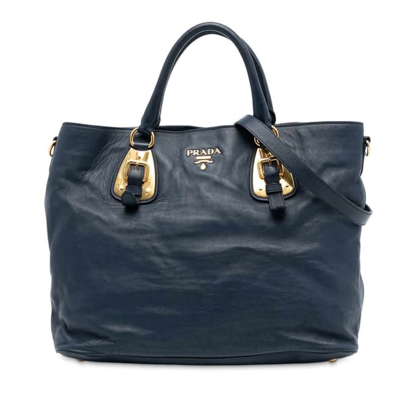 Prada Soft Calfskin Open Convertible Shopping Tote Blue Leather Very good condition - Front View