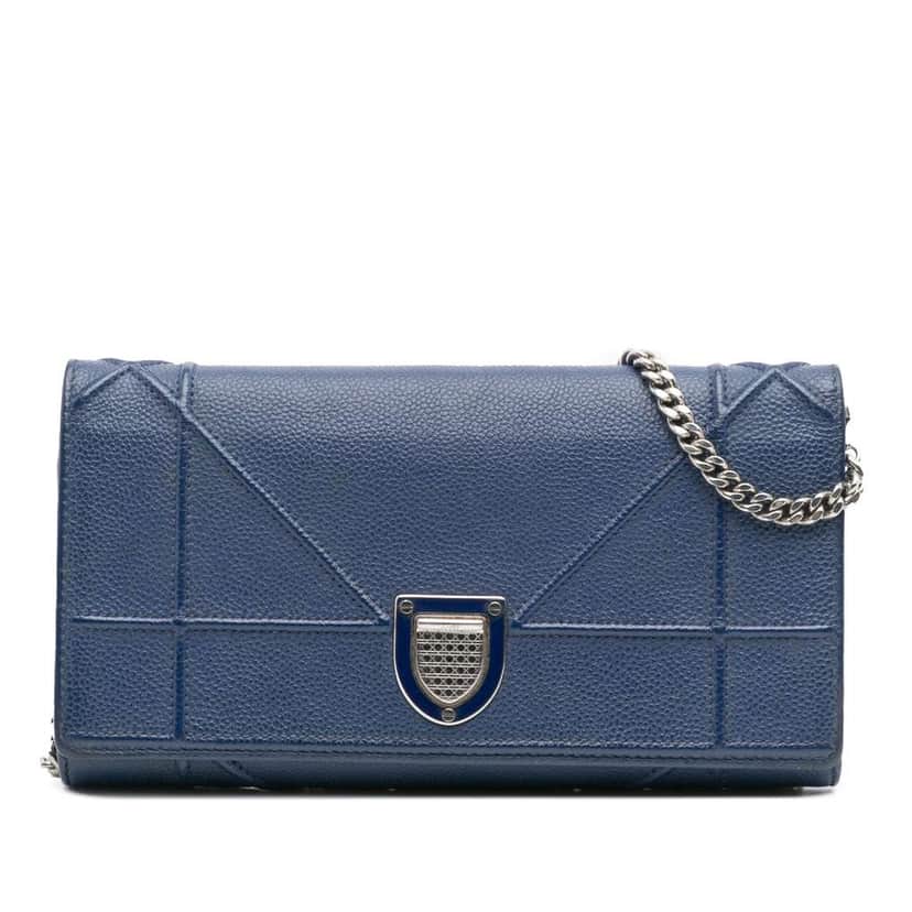 Dior Grained Calfskin Diorama Croisiere Wallet on Chain Blue Leather Good condition - Front View