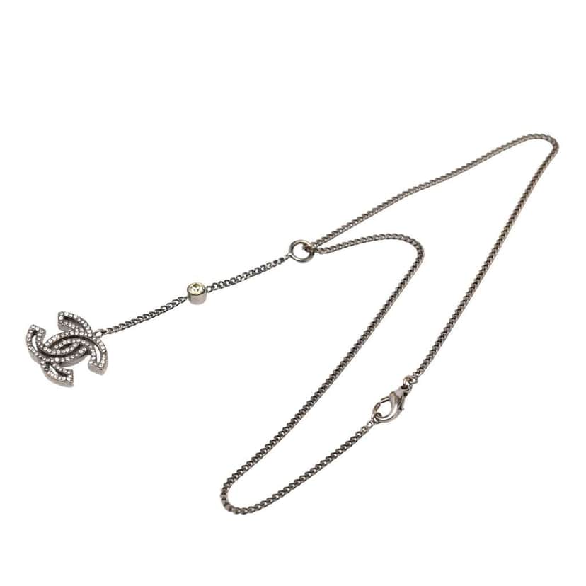 Chanel Silver Plated Rhinestone CC Drop Pendant Necklace Silver Metal Good condition - Front View