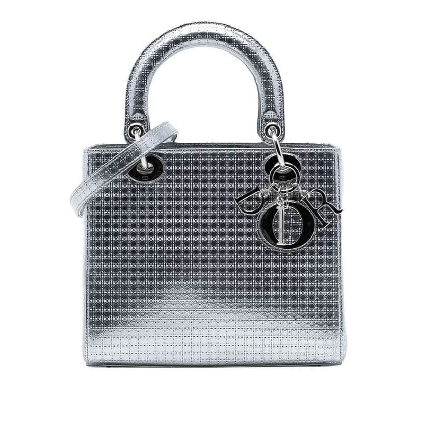 Dior Medium Metallic Patent Microcannage Lady Dior Silver Leather Good condition - Front View