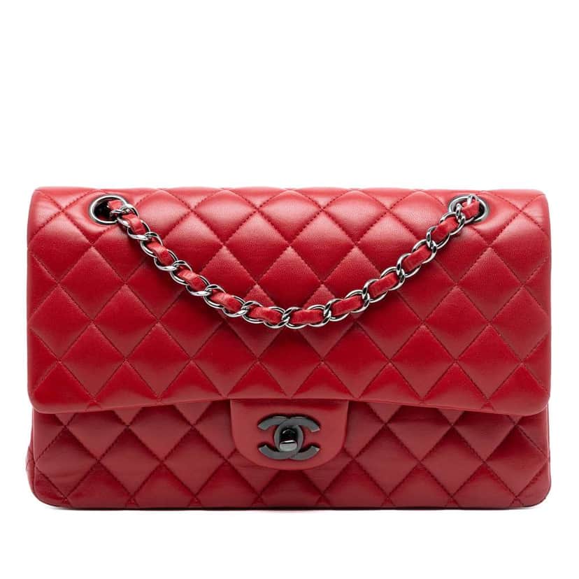 Chanel Medium Classic Lambskin Double Flap Red Leather Good condition - Front View
