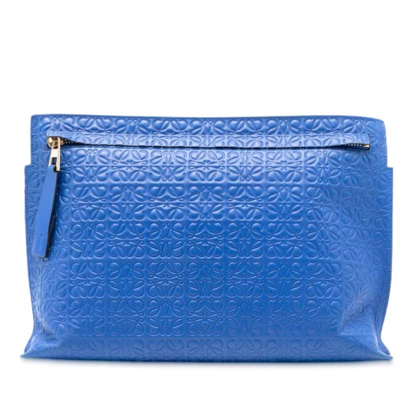 Loewe Embossed Anagram Repeat T Clutch Blue Leather Good condition - Front View