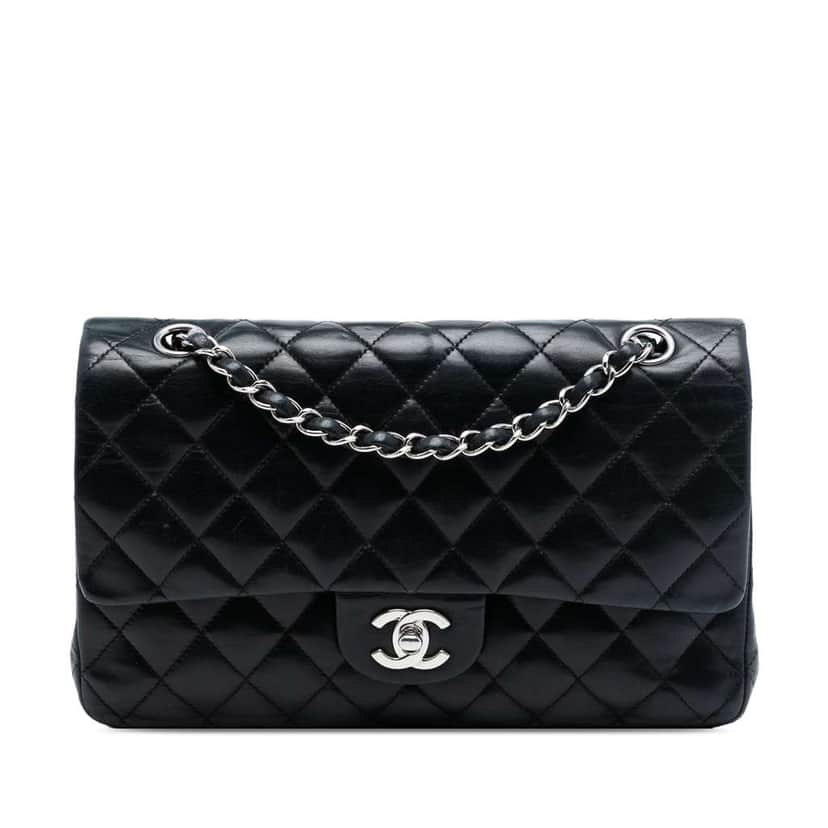 Chanel Medium Classic Lambskin Double Flap Black Leather Good condition - Front View