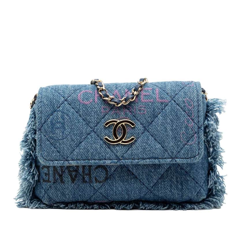 Chanel Fringe Denim Mood Clutch with Chain Blue Denim Very good condition - Front View