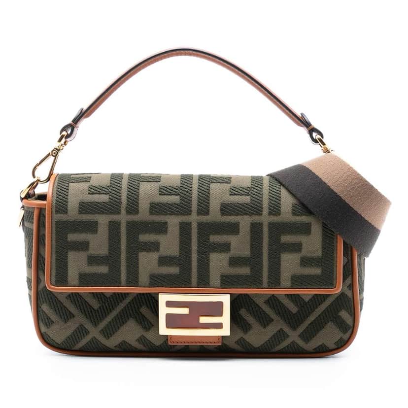 Fendi Zucca Embroidered Canvas Baguette Satchel Green Canvas Good condition - Front View