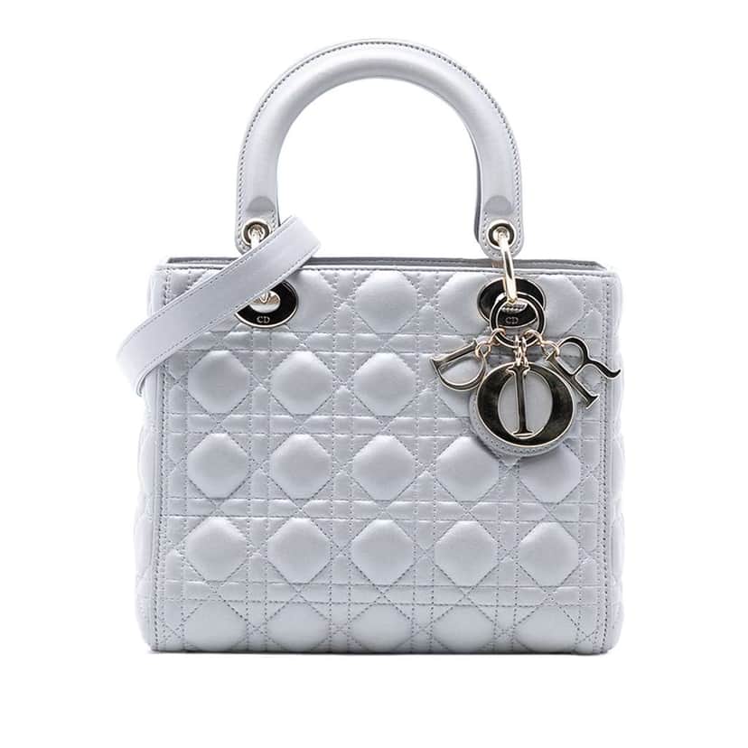 Dior Medium Pearlescent Lambskin Cannage Lady Dior Grey Leather Good condition - Front View