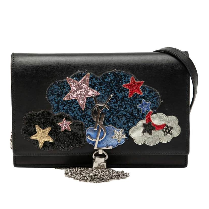 Saint Laurent Calfskin Cloud Star Applique Classic Monogram Kate Tassel Wallet on Chain Black Leather Very good condition - Front View