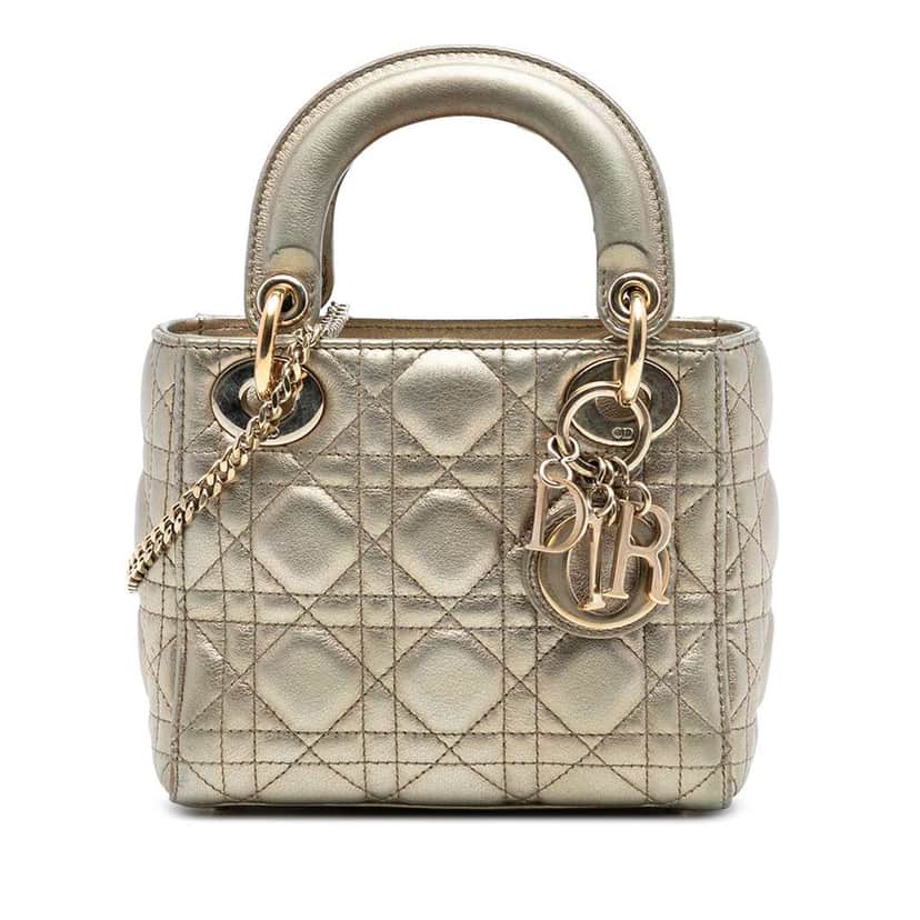 Dior Mini Metallic Lambskin Cannage Lady Dior Gold Leather Good condition - Front View