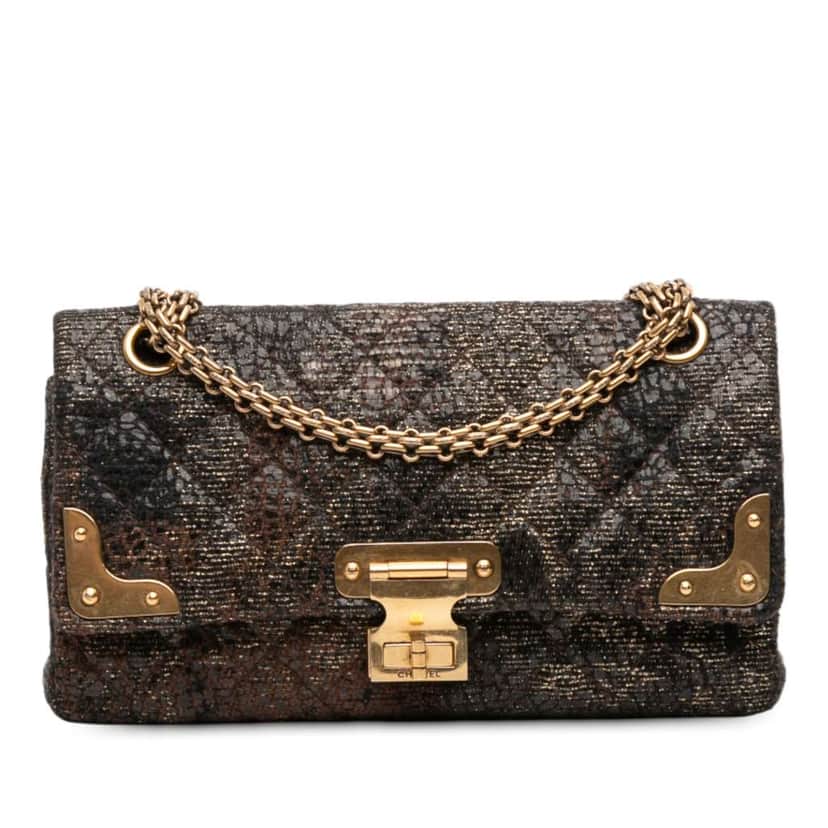 Chanel Paris Shanghai 2.55 Icons Lacquered Tweed Double Flap 225 Black Tweed Good condition - Front View
