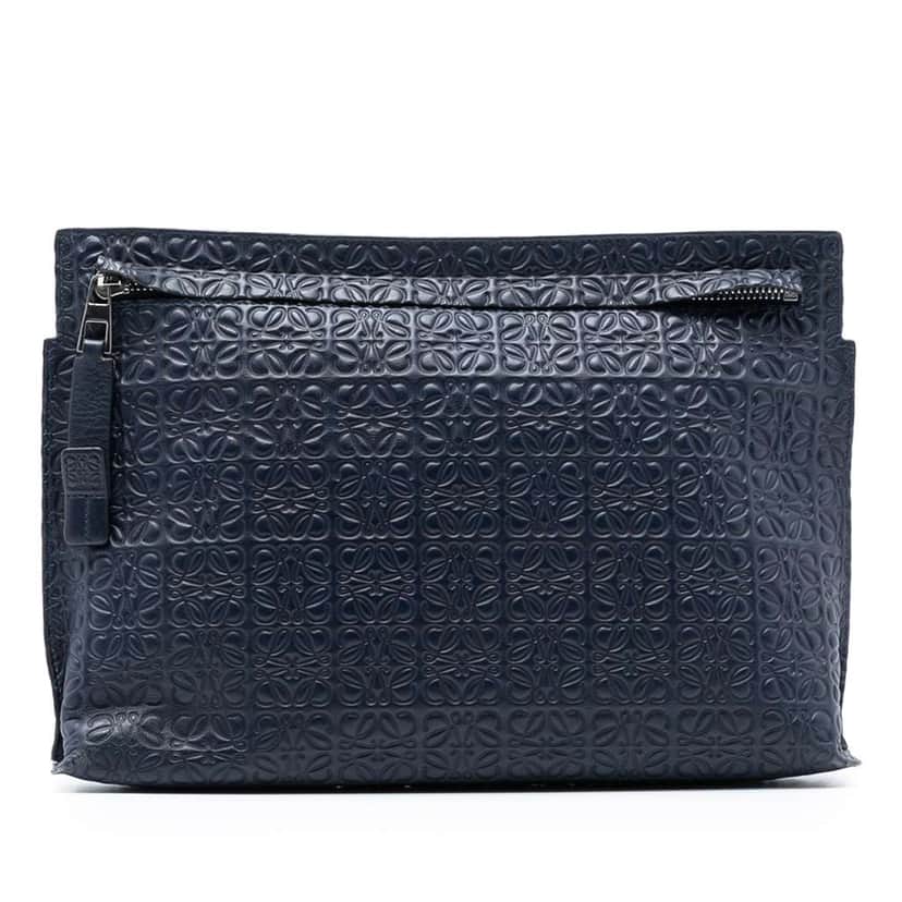 Loewe Embossed Anagram Leather Repeat T Clutch Blue Leather Good condition - Front View