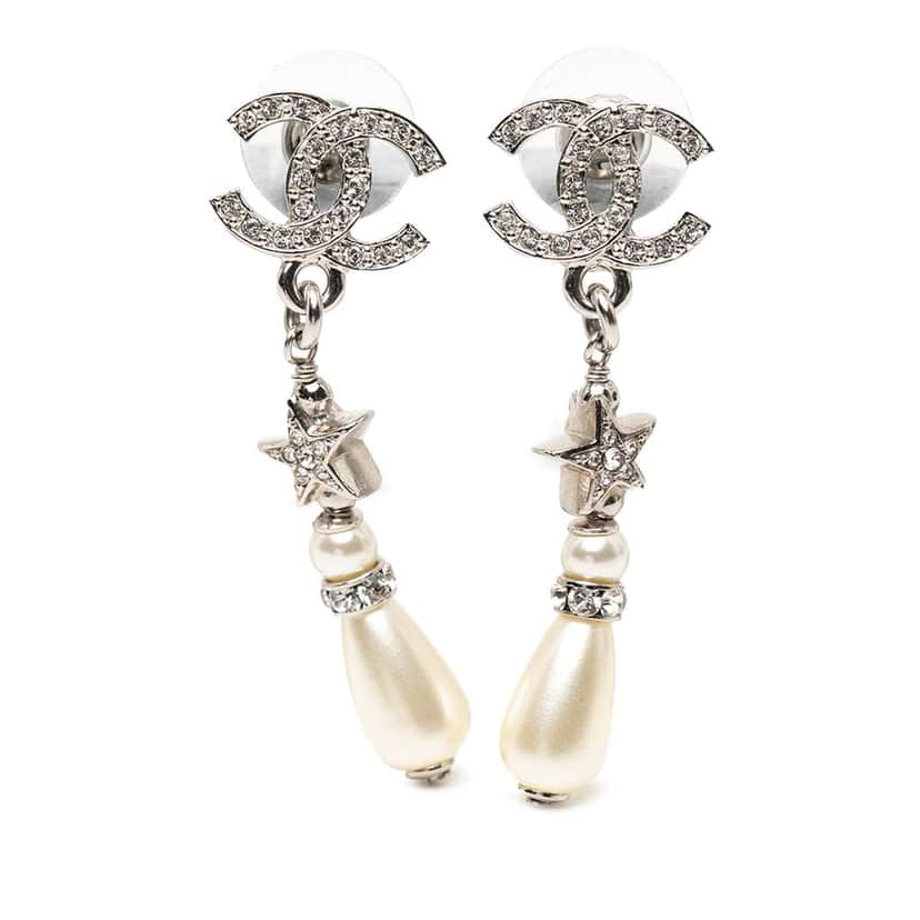 Chanel Silver Plated CC Rhinestones Faux Pearl Star Drop Push Back Earrings Silver Metal Good condition - Front View