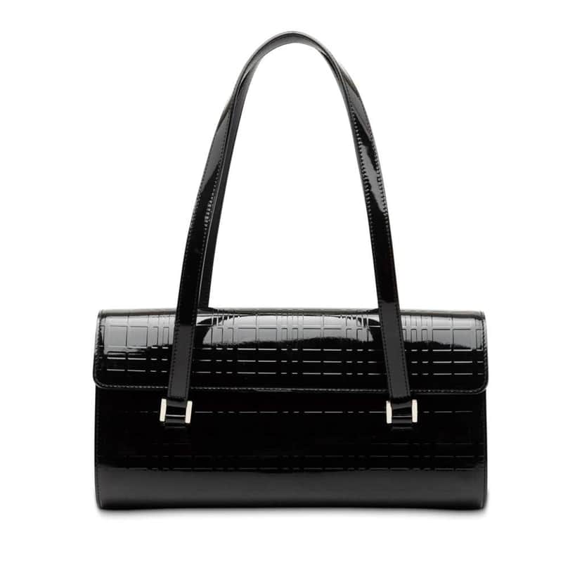 Burberry House Check Embossed Patent Shoulder Bag Black Leather Good condition - Front View