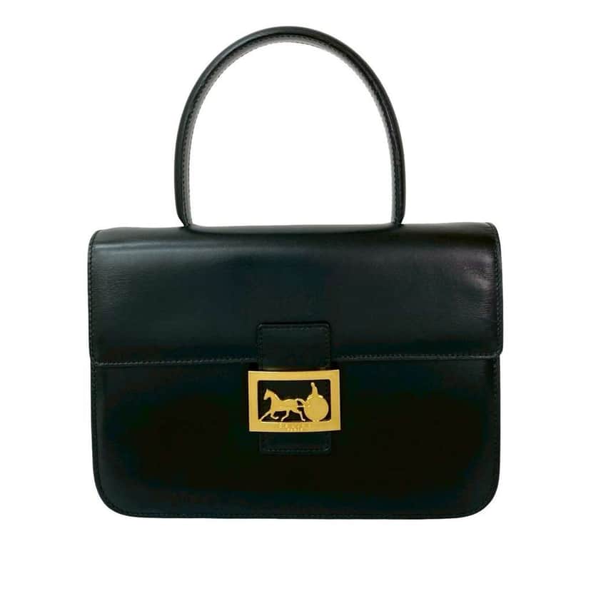 Celine Leather Logo Carriage Top Handle Bag Black Leather Good condition - Front View