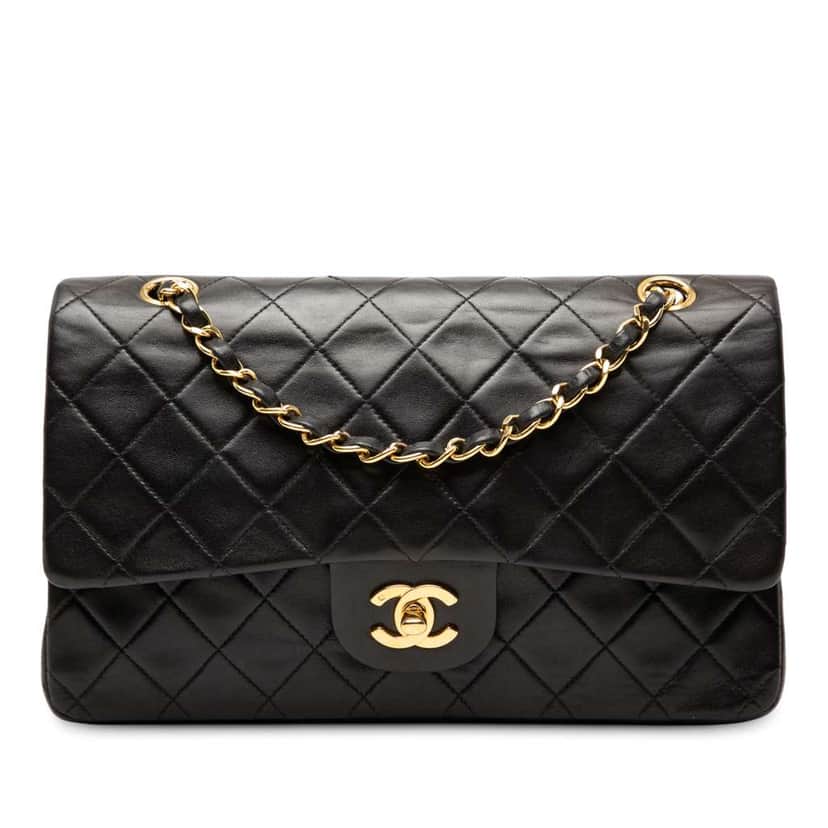 Chanel Medium Classic Lambskin Double Flap Black Leather Good condition - Front View