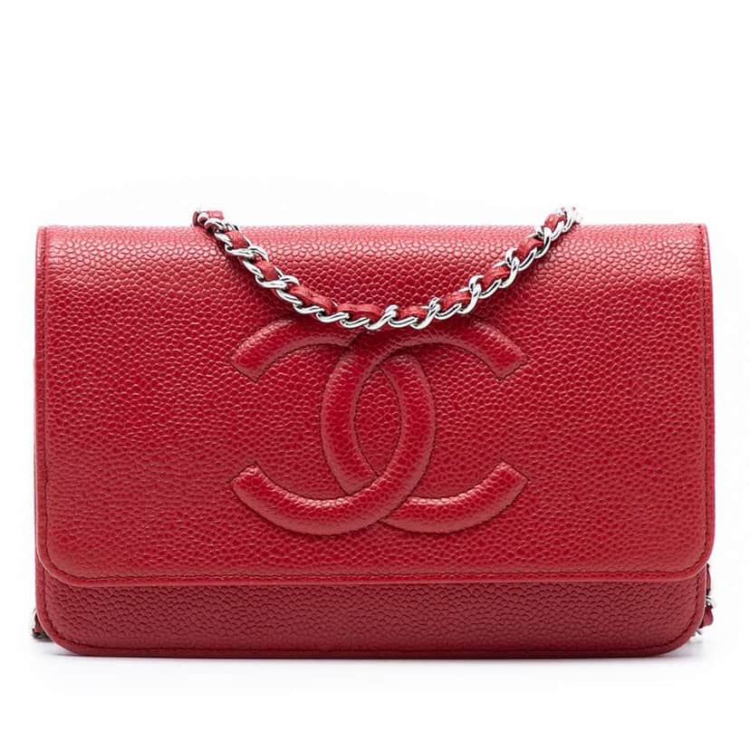Chanel CC Caviar Wallet On Chain Red Leather Good condition - Front View