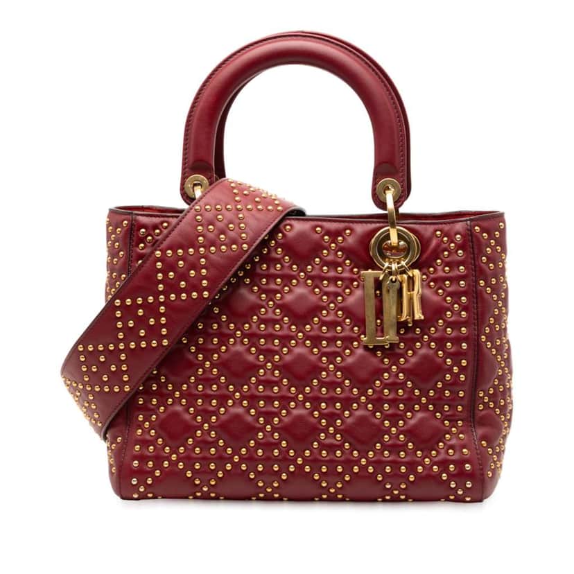 Dior Medium Lambskin Cannage Studded Supple Lady Dior Red Leather Very good condition - Front View