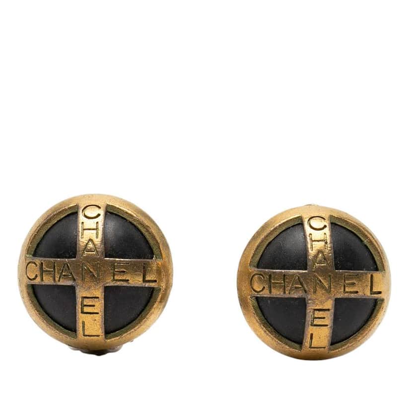 Chanel Gold Plated and Acrylic Logo Round Button Clip On Earrings Gold Metal Very good condition - Front View