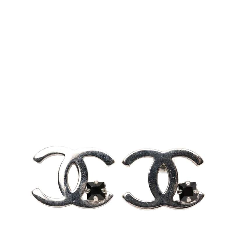 Chanel Silver Plated CC Rhinestone Push Back Earrings Silver Metal Very good condition - Front View