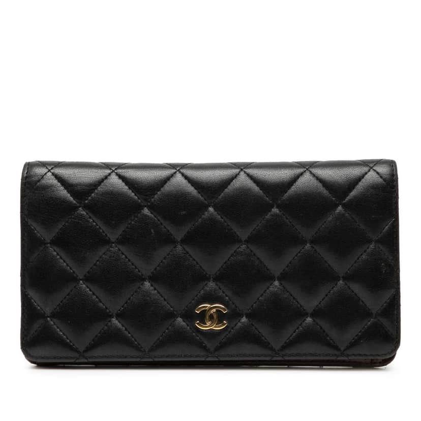 Chanel CC Quilted Lambskin Yen Continental Wallet Black Leather Good condition - Front View