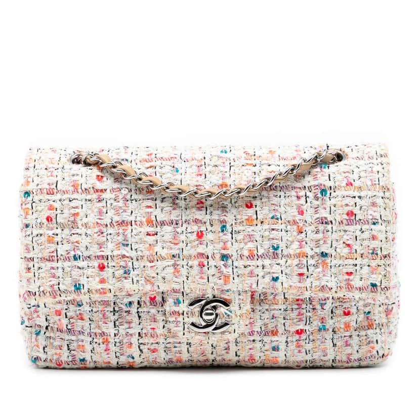 Chanel Medium Classic Tweed Double Flap White Tweed Good condition - Front View