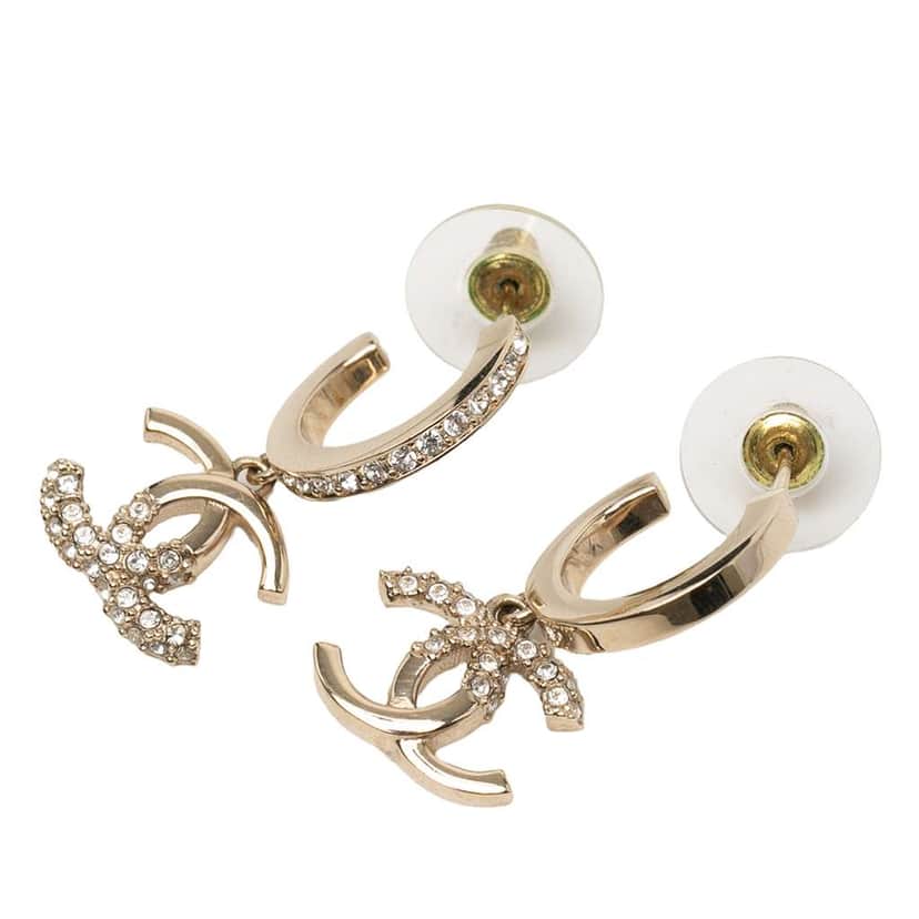 Chanel Gold Plated Crystal CC Drop Hoop Push Back Earrings Gold Metal Good condition - Front View