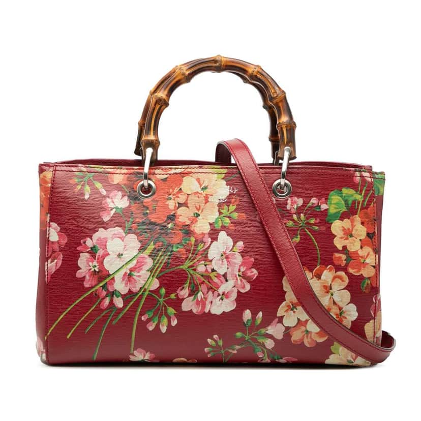 Gucci Medium Calfskin Blooms Bamboo Shopper Satchel Red Leather Very good condition - Front View