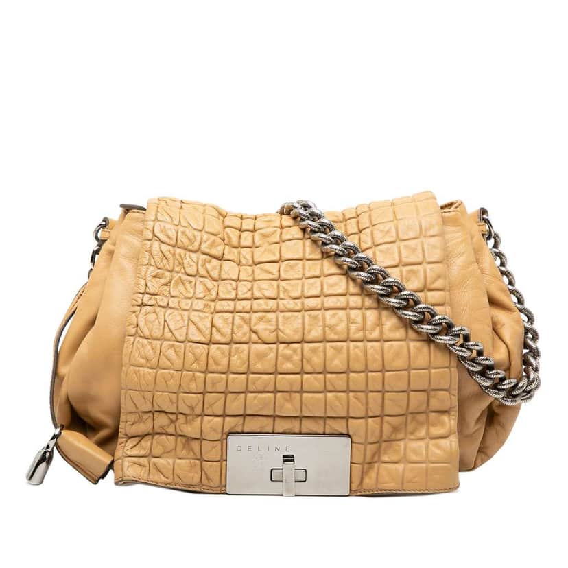 Celine Lambskin Watch Me Gauffre Flap Shoulder Bag Brown Leather Very good condition - Front View