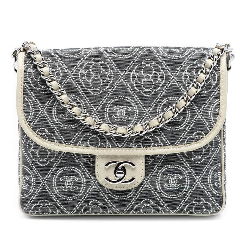 Chanel Camellia Printed Canvas Double Side Flap Grey Canvas Very good condition - Front View
