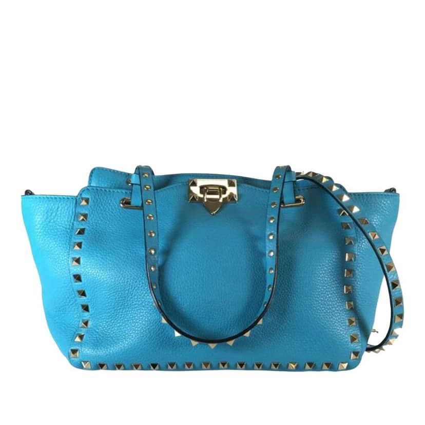 Valentino Small Grained Calfskin Rockstud Trapeze Satchel Blue Leather Very good condition - Front View