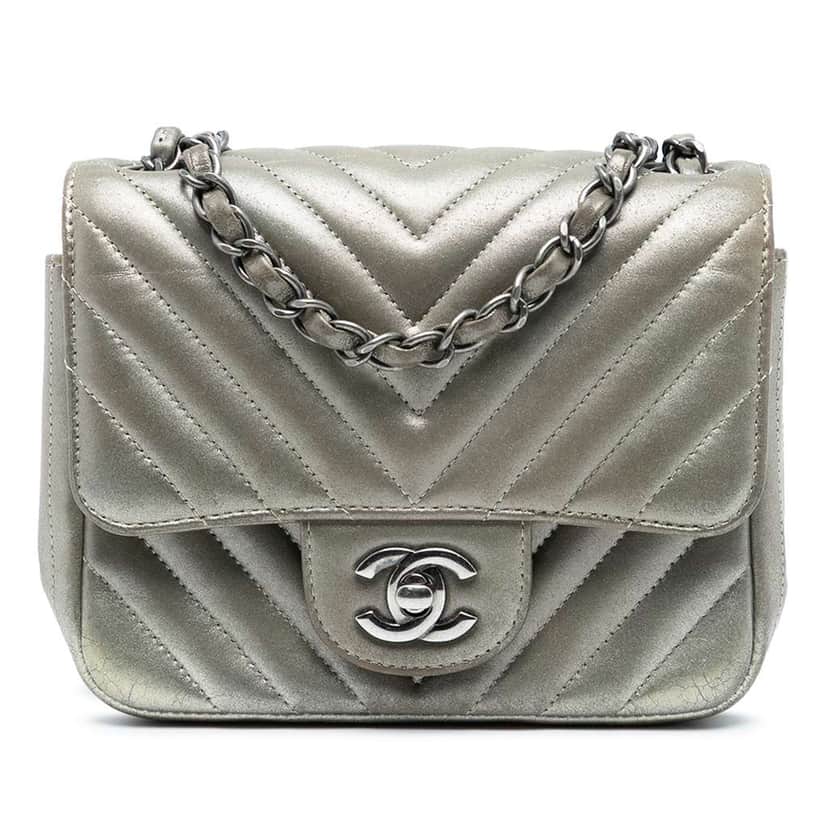 Chanel Mini Square Classic Chevron Iridescent Calfskin Single Flap Silver Leather Very good condition - Front View