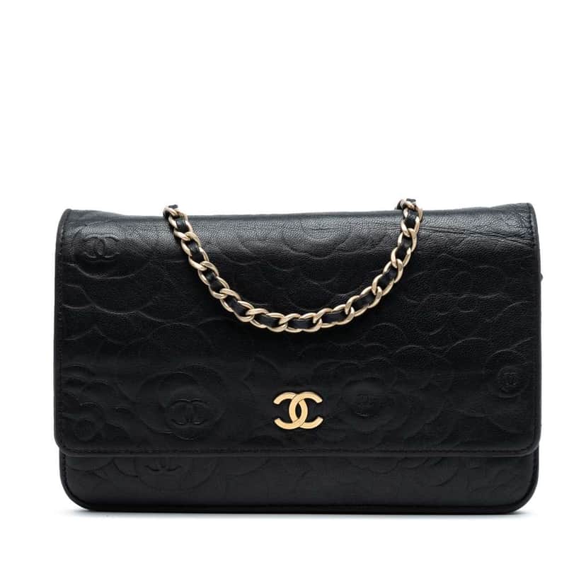 Chanel CC Embossed Lambskin Camellia Wallet On Chain Black Leather Good condition - Front View