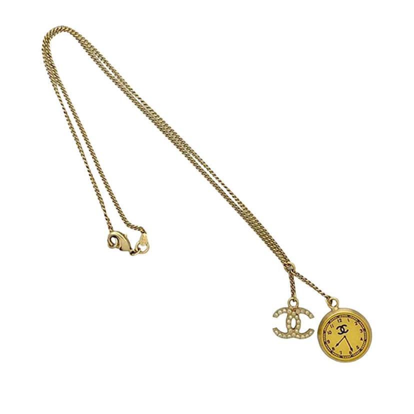 Chanel CC Gold Plated Faux Pearl Clock Pendant Necklace Gold Metal Good condition - Front View