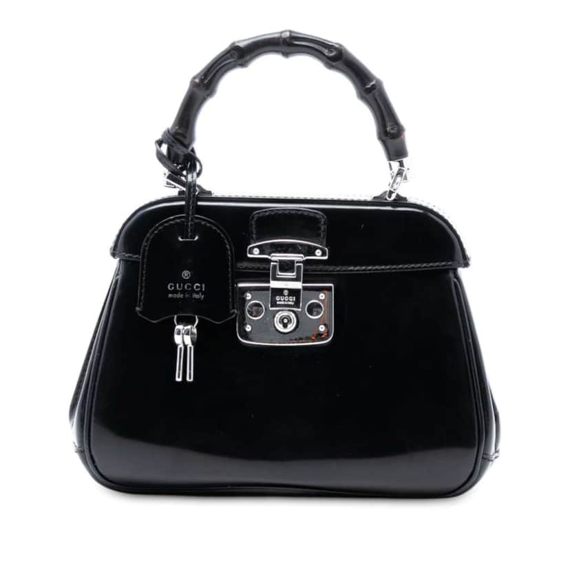 Gucci Mini Polished Leather Bamboo Lady Lock Top Handle Bag Black Leather Good condition - Front View