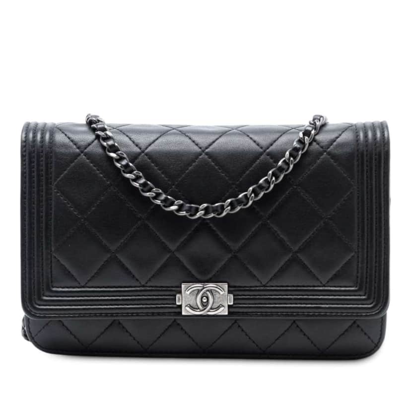 Chanel Quilted Lambskin Boy Wallet On Chain Black Leather Good condition - Front View