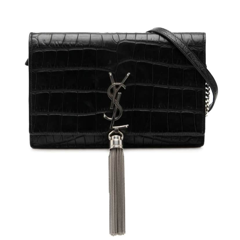 Saint Laurent Croc Embossed Leather Monogram Kate Tassel Wallet on Chain Black Leather Good condition - Front View