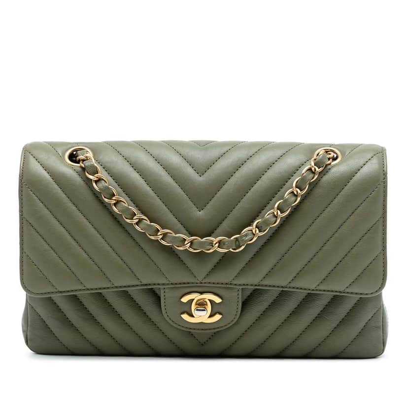 Chanel Medium Classic Chevron Lambskin Double Flap Green Leather Good condition - Front View