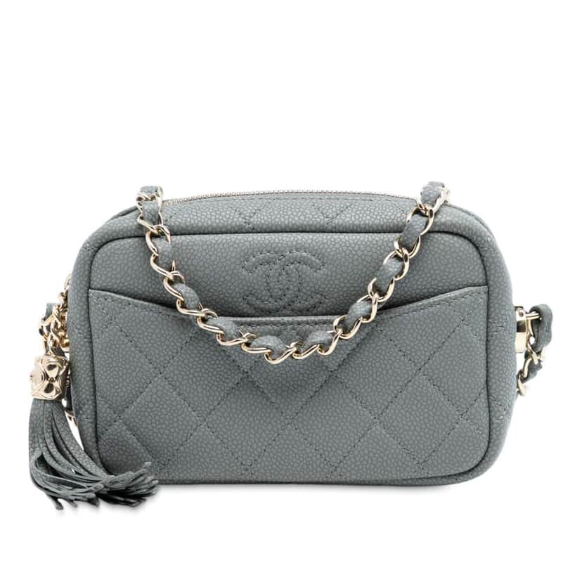 Chanel Mini Quilted Caviar Coco Tassel Camera Case Grey Leather Good condition - Front View