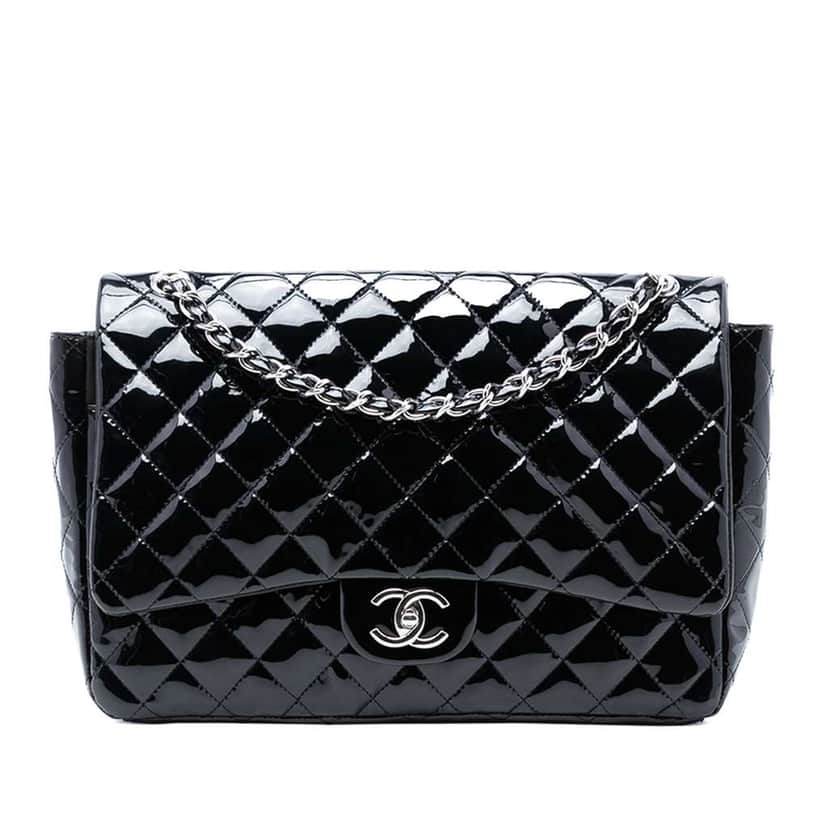 Chanel Maxi Classic Patent Double Flap Black Leather Very good condition - Front View