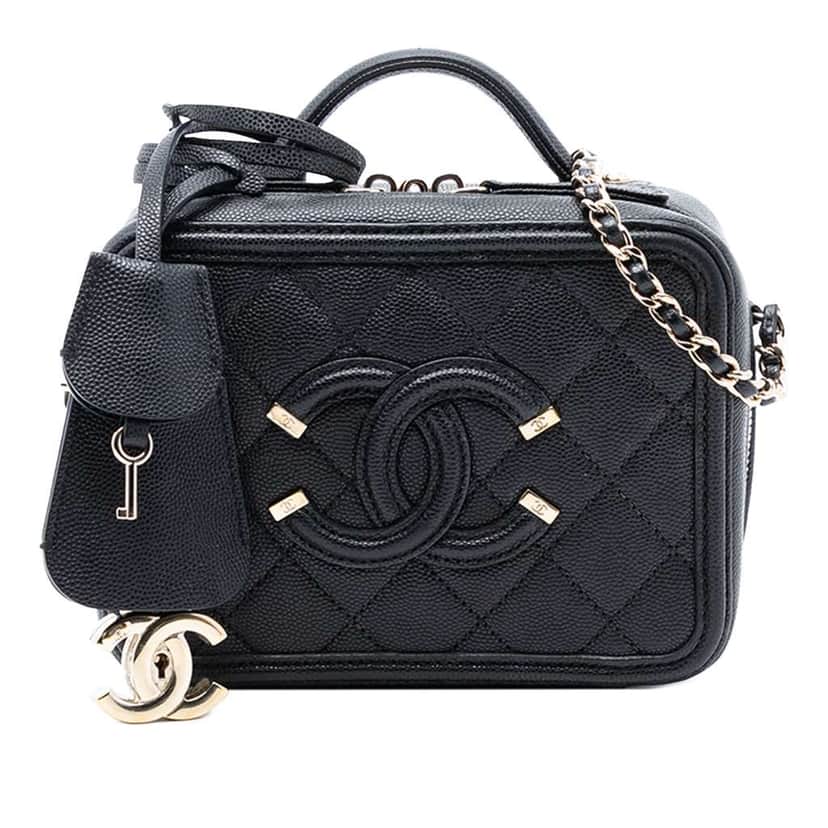 Chanel Mini Caviar CC Filigree Vanity Case Black Leather Good condition - Front View