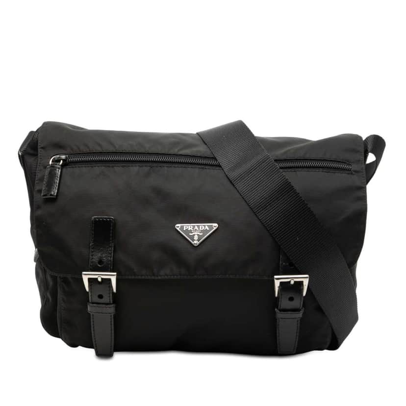 Prada Tessuto Zip Double Buckle Messenger Bag Black Good condition - Front View