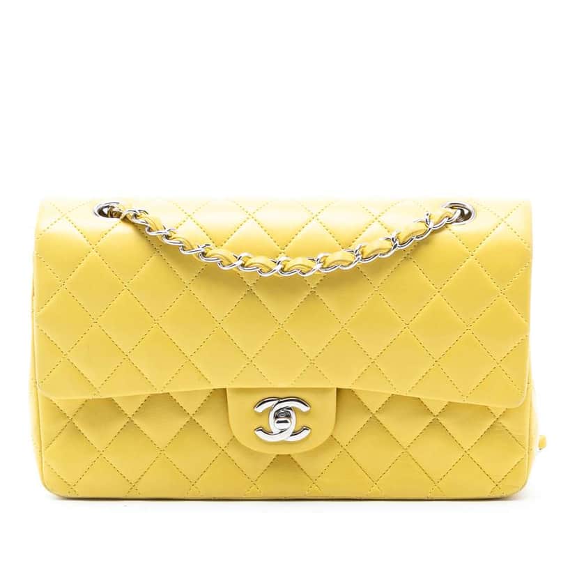 Chanel Medium Classic Lambskin Double Flap Yellow Leather Good condition - Front View