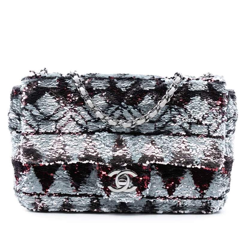 Chanel Mini Rectangular Sequin Single Flap Silver Satin Good condition - Front View