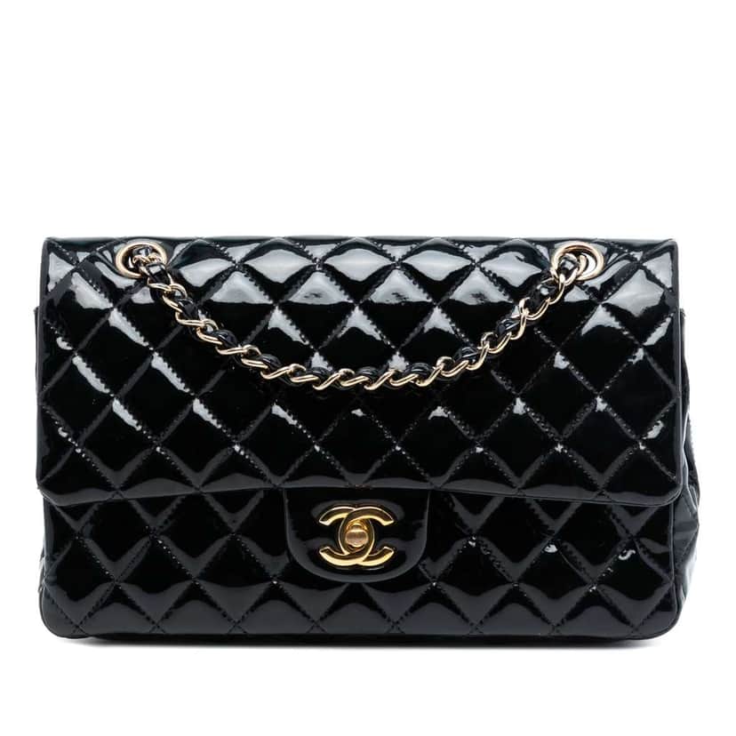Chanel Medium Classic Patent Double Flap Black Leather Good condition - Front View