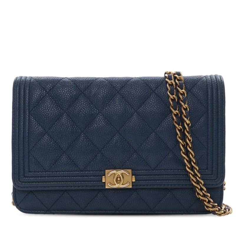 Chanel Quilted Caviar Boy Wallet on Chain Blue Leather Very good condition - Front View