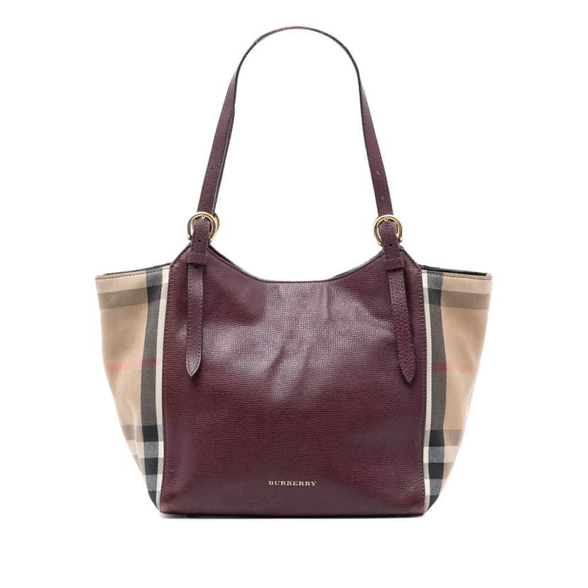 Burberry Small Leather and House Check Canvas Canterbury Tote Red Leather Very good condition - Front View