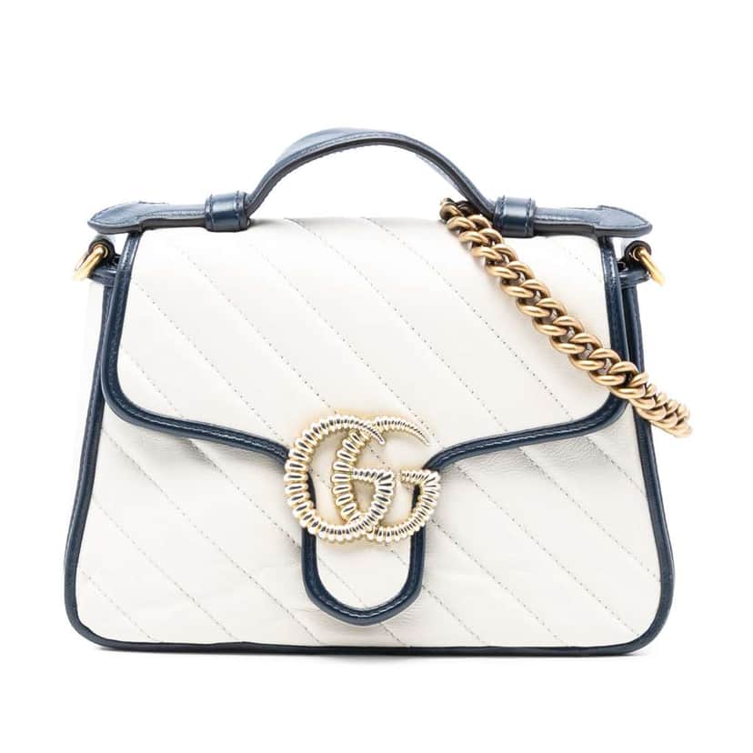 Gucci Mini GG Marmont Matelasse Diagonal Leather Torchon Top Handle Bag White Leather Good condition - Front View