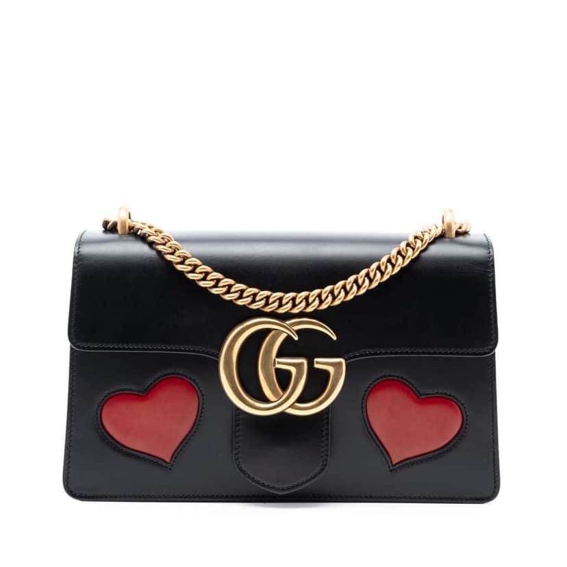Gucci Medium GG Marmont Leather Malaga Kid Heart Patch Chain Flap Black Leather Very good condition - Front View